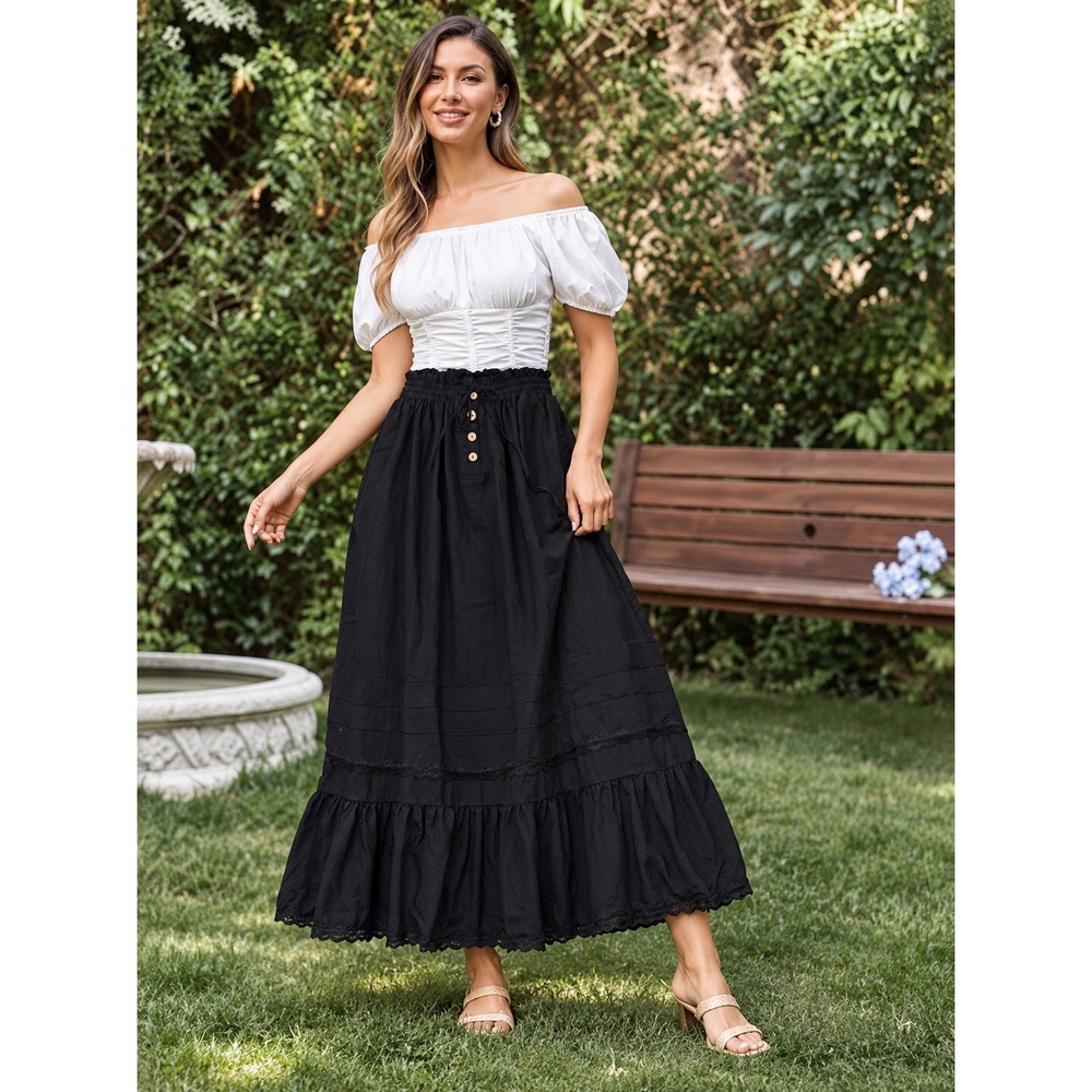 Scarlet Darkness Black Lace Trim Tiered Maxi Skirt Paperbag Waist Pockets L